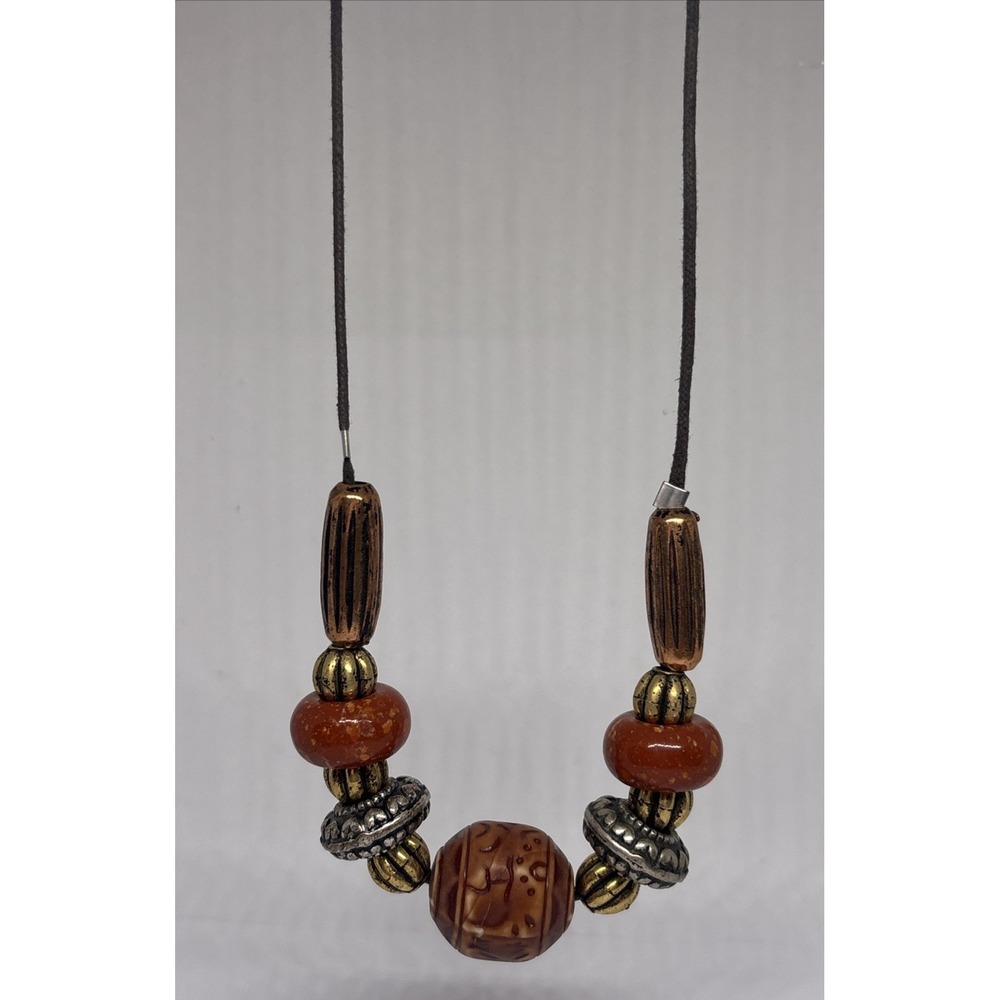Vintage Retro 1990's Metal Acrylic Bead Chunky Necklace Brown Tones